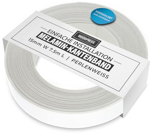 WoodPress® 15mm Blanc Perle Bande de chant mélaminée thermocollante 7,5 m | Rouleau de chant préencollé, colle thermofusible, bordure souple pour meubles, placards et étagères, pose au fer