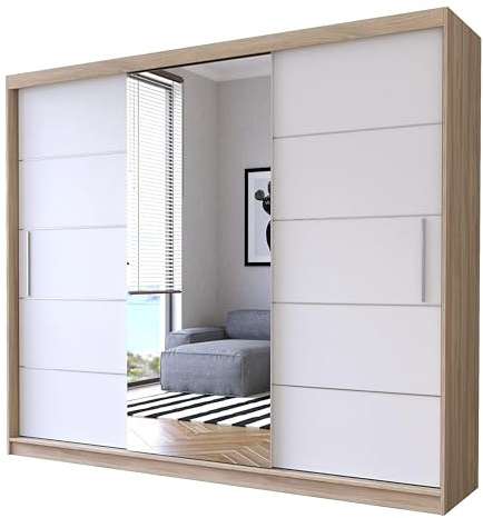Fabryka Mebli Idźczak Kleiderschrank mit Spiegel, Schiebetüren - Weiß, Sonoma Schwebetürenschrank, Schlafzimmerschrank - ‎61 x 250 x 218 cm - Schrank für Schlafzimmer, Wohnzimmer, Garderobe