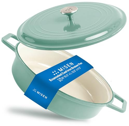 Misen 5.5 QT Braiser – Enameled Cast Iron Pan for Searing, Braising & Slow Cooking – No-Chip Enamel Coating – Extra-Wide Handles – Superior Heat Retention & Even Cooking - Green