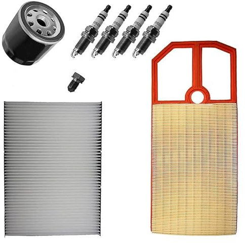 ATEC Germany Inspektionspaket Filterset mit 1x Innenraumfilter (Pollenfilter), 1x Ölfilter, 4x Zündkerze, 1x Ölablassschraube mit Dichtung Kompatibel mit VW BORA I (1J2) (1J6), GOLF 4 (1J1) (1J5)