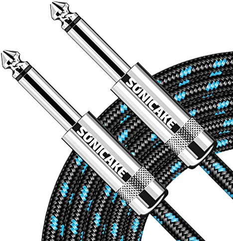 SONICAKE Câble de guitare tressé 6m câble d'instrument de guitare 6.35mm Jack Câble Tressé en Nylon Plaqué Or noir bleu