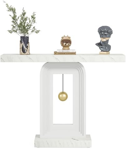 Tribesigns Schmaler Konsolentisch Weiß, 100cm Flurtisch Eingangstisch mit Pendel Form Basis, Marmorimitation Druck Konsolentisch Schmal Holz Tisch für Wohnzimmer Flur Eingang