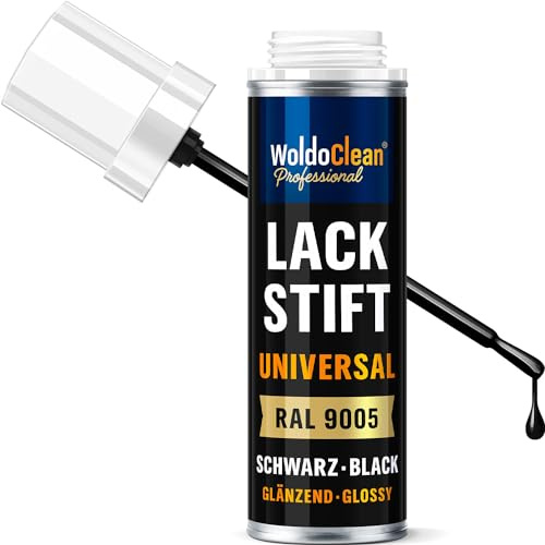 WoldoClean Lackstift Schwarz Glänzend Auto 12ml - Autolack mit Pinsel | Kratzer Entferner, Steinschlag Ausbesserung, RAL 9005, wasserfest, Flasche