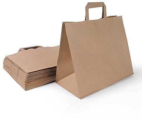 Inoverse Papiertüten mit Henkel 32+22x25 cm, Papiertragetaschen | 250 Stück Braun, Papiertaschen Kraftpapier, Geschenktüten, extra breiter Boden, zum Bedrucken, für Geschenkverpackung