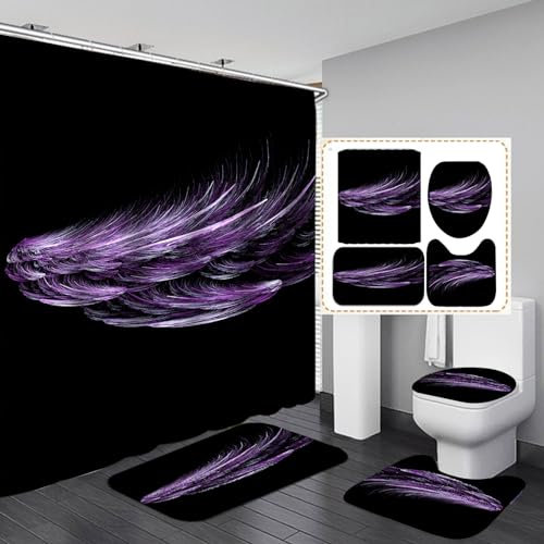 Duschvorhang Lila Schwarz Badezimmerteppich 4-Teiliges Set, Duschvorhang 180x180 Polyester+Badematte rutschfeste(50x80)+U-Typ Teppich Wasseraufnahme Schmutzfangmatte+Toile Fußmatte