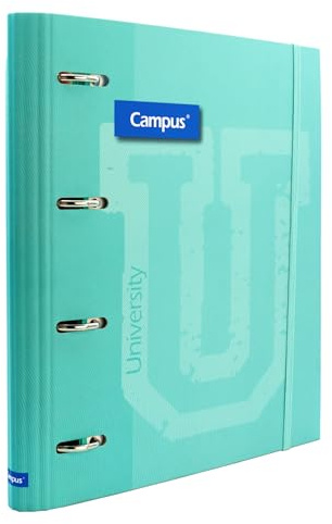 Campus – Archivador de 4 Anillas con Recambio A4 de 100 Hojas Cuadriculadas 5x5 con Bandas de 5 Colores, Cierre de Goma Elástica, Carpesano de Tapa Extradura (Turquesa)