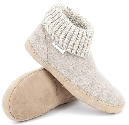Gottstein stugsko Dakota – hög filttoffel för kvinnor och män av 100 % ny ull med extra bekväm lädersula och elastisk stickad linning, Beige, 46 EU