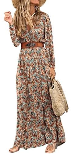 Woolicity Womens Summer Maxi Dress Boho Floral Wrap V Neck Long Sleeve Beach Flowy Long Dresses Brown L