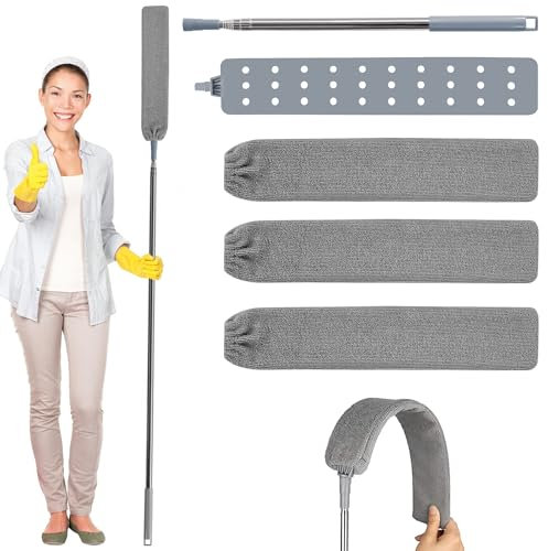 Plumero Telescópico con Cepillos de Microfibra, Cepillo Limpieza de Polvo Flexible, Atrapapolvo con Varilla de Acero Inoxidable, 3 Capuchas Lavable, para Debajo del Sofá Cama, Muebles, Piso