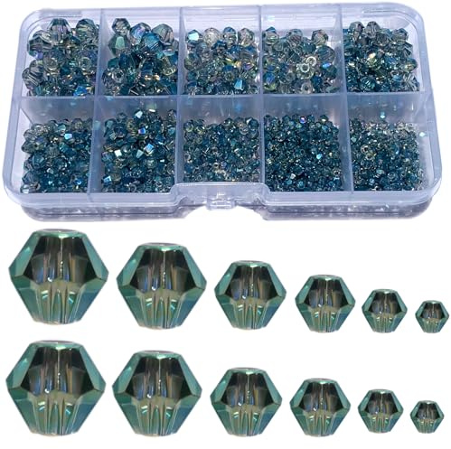 Gocelyn 900 perline biconiche in vetro di colore AB (ciano), perline distanziatrici assortite per la creazione di gioielli, bracciali, ciondoli (2 mm, 3 mm, 4 mm, 5 mm, 6 mm, 8 mm)