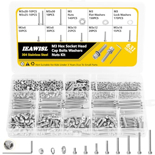 631Pz Set di Viti M3, Viti a Testa Cilindrica con Esagono Incassato, Kit di Assortimento di Bulloni a Testa Tonda Esagonale e Dadi e Rondelle - M3*6/8/10/12/16/20/25/30mm
