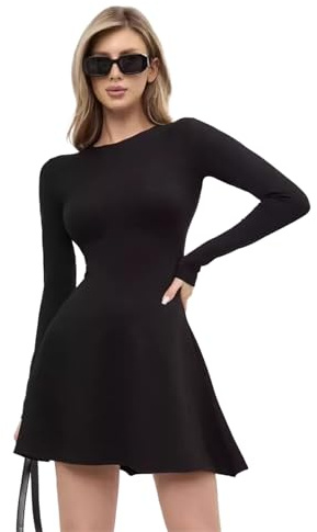 Hanaoops Womens Long Sleeve Dress Crew Neck Bodycon Swing Dresses Plain Tunic Jersey Flared Dress Casual Party Mini Dresses Knee Length