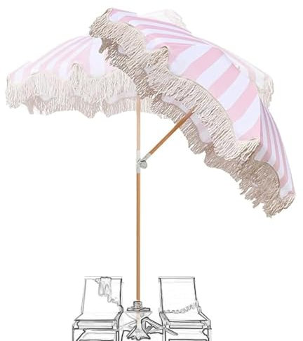 Rosa Weiß Gestreifter Sonnenschirm 2.0 m Strandschirm mit weißen Quasten, Terrassenschirm, Outdoor Pool/Garten/Marktschirme, Neigung 180°