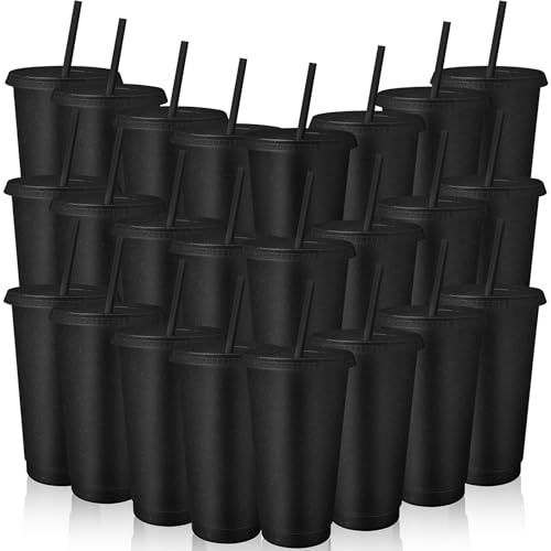 TESIN 24 Stück Schwarz Plastikbecher mit Deckel und Strohhalm, 710 ml Wasserflasche, Eiskaffee, Reisebecher, Becher, wiederverwendbare Becher, perfekt für Partys, Geburtstage