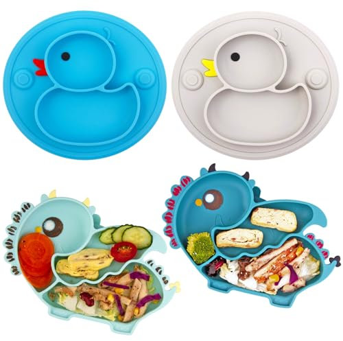 Qshare Baby Teller,4 Stück Rutschfest Kinder Tischset mit Saugnäpfen,Geteilte Standfeste Babyteller Kleinkind Teller,BPA-Frei - Spülmaschinen und Mikrowellen Fest Kinderteller (Style 2)