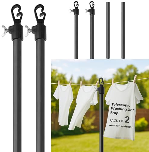 Laundry Mate Teleskop-Wäscheleinen-Requisitenstange, 2 Stück, verstellbar, 220 cm, Dreh- und Verriegelungsmechanismus, G-förmiger Haken, rostbeständig, robuste Unterstützung für Wäscheleinen und