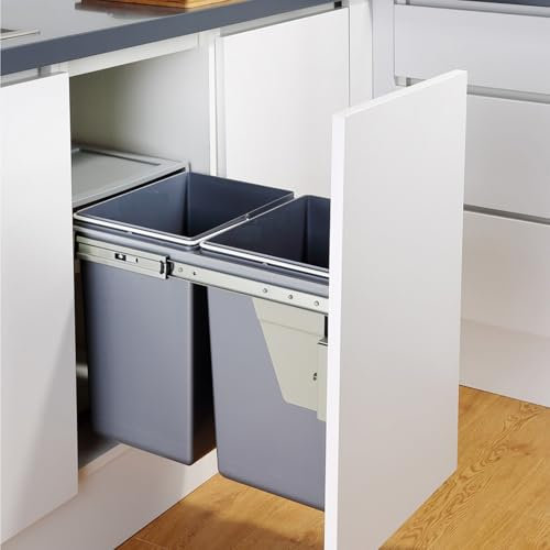 SanzIa Cubo de Basura Bajo el Mueble Kit de Cubo de Basura Oculto Bajo Encimera con Cierre Suave para Fregadero de Cocina, Lavandería, Cubo de Basura Doble, 11L y 20L Cada Uno(35x49x43cm)