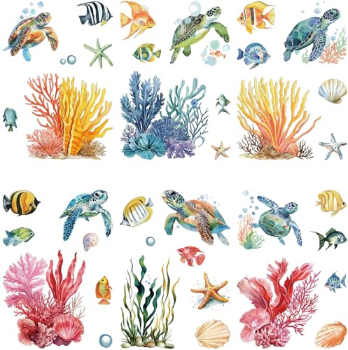 craspire 8 Blatt 8 Stile Durchscheinende Fensteraufkleber Mit Meeresschildkröte Wandaufkleber Selbstklebend Meereslebewesen Seetang Koralle Seestern Fisch Wasserdicht Tier PVC Abziehen Und Aufkleben