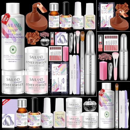 Kit de poudre acrylique pour ongles – Ensemble d'ongles comprenant une lime à ongles électrique – Main d'entraînement avec 100 faux ongles – 4 couleurs de poudre acrylique – Lampe à ongles et monomère