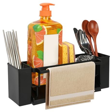 YTOPRO 3-in-1 Spülbecken Organizer schwarz mit Küchenutensilien Aufbewahrung, Spüllappenhalter, Küchen Organizer Spüle Sink Organizer aus Kunststoff Spülorganizer Sink für Küche Spülschwamm