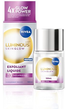 NIVEA Luminous 630 – Liquid Refiner Skin Glow – Gesichtspflege gegen Flecken – Peeling sanft & verfeinert die Poren – 4 % BHA, 1 % PHA & Aloe Vera – alle Hauttypen – 100 ml