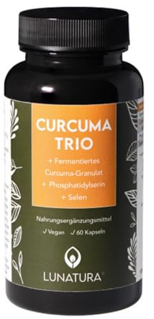 Lunatura® Curcuma Trio | Kurkuma Kapseln mit Curcumin | Hochdosiert & Fermentiert | Angereichert mit Selen & Phosphatidylserin | 60 vegane Kapseln | Vegan