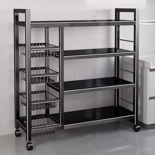 Un Etagère de Stockage en Métal Robuste et Durable Avec 4 Couches et 4 Paniers en Maille, Equipé de Rouleaux et de Hauteur Réglable de 5 Centimètres, Adapté Cuisines (noir, 32x12.6x53in/80x32x135cm)