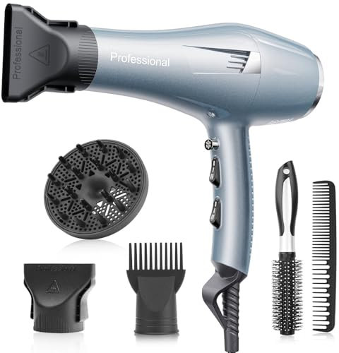 Profi Föhn Ionen Fön Haartrockner Hair Dryer Haarföhn mit 1 Diffusor 2 Stylingdüse, 3 Heiz und 2 Geschwindigkeitsstufen, 2.5 Meter langes Netzkabel, Starker Fön für Familie (blau) (blau)