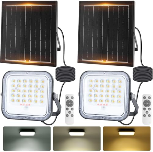 Aigostar - Foco proyector LED solar con mando a distancia,2 piezas,4000mAH,gran panel solar y batería de gran capacidad,regulable 3000/4000/6500K,IP66,cable 2m,Luz solar para exterior y jardín