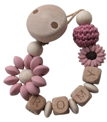 Personalisiertes Geschenk zur Geburt für Jungs und Mädchen, Schnulliband, Schnullerkettchen mit Namen Blume rosa