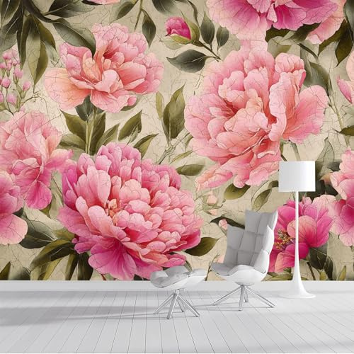 Carta da parati Peonia Antica 300x210cm Fotomurali in Seta Fiori Romantici Retrò XXL Poster Gigante Design Decorazione da Muro per Soggiorno Camera Da Letto Ufficio Cucina, Rosa