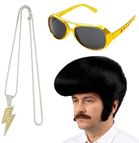 3-Piece Rock Legend Wig Set, Men's Black Wig for 50s 60s Rocker Costume, Includes Retro Glasses and Necklace, Ideal for Halloween and Theme Parties