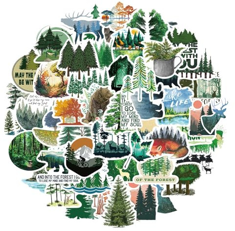 YUBBYSTU 50 Stück Grüner Wald Aufkleber, Abenteuer Ästhetische Outdoor Aufkleber Bulk, Wasserdichtes Vinyl Natur für Wasserflaschen Laptop Scrapbook