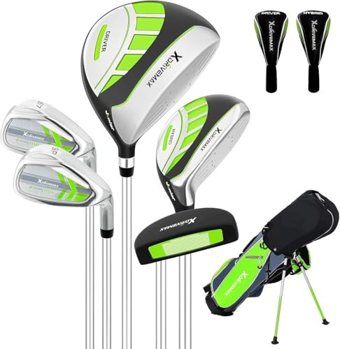 XDriveMax 5 Pieces Kids Golf Club Set, Junior Golf Club Set Ages 5-8 Includes Stand Bag, 5# Hybrid, 6/7#, 9/P# Irons and Putter Right Hand for Boys Girls, Green