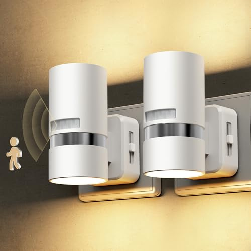 LOHAS-LED Nachtlicht Steckdose mit Bewegungsmelder, dimmbar, 2 Stück | 1W LED Steckdosenlicht, ON/OFF/AUTO, 0-100% dimmbar, weißes Zylinderdesign mit Silberring für Flur, Treppe und Schlafzimmer