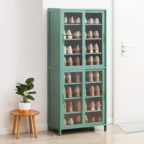 Zapatero de bambú con puertas correderas, estante estrecho independiente para almacenamiento de zapatos para entrada y pasillo, zapatos que ahorra espacio con paneles acrílicos transparentes (60 x 32