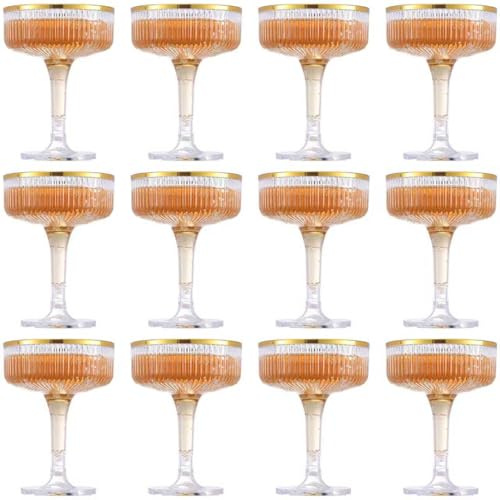 yptniginu 12 Pcs Plastic Champagne Coupe Glasses With Gold Rim 7 oz Champagne Tower Ribbed Martini Glasses Disposable Wine Cups Stackable Stemmed Cups for Wedding Birthday Party Bar (Clear, Gold Rim)