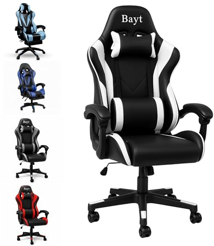 Bayt Silla Escritorio Ergonómica, Silla Gaming y Silla Oficina con Altura Ajustable, Sillón Gamer Reclinable con Reposabrazos Regulables, Cuero Sintético, Negro y Blanco