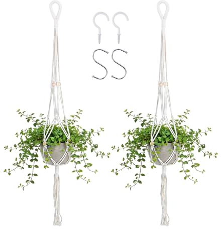 KissDate 2 Packs Macrame Plant Hangers Hanging Baskets with 4 Hanging Hooks | 100% Cotton Boho Style Artificial Degradable Rope, 105cm Ceiling Plant Holder for Garden, Office, Home Decoration