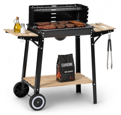 Barbecue A Carbonella In Acciaio Nero Con Ripiani Laterali E Ruote Griglia 48,5x29 Cm Altezza Regolabile Paravento Braciere Smaltato Per Giardino Terrazzo