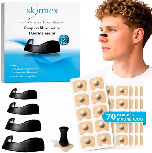 Tiras nasales magnéticas dormir - SKINNEX - respirador nasal magnético reutilizable con bandas magnéticas respiratorias para deporte running descanso flujo aire - 4 bandas + 70 parches + Aplicador