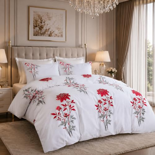 BEDIO Double Duvet Cover Set 3 Piece Soft Printed Luxury Bedding Set With (1 x Duvet Cover,2 x Pillowcases) Brushed Microfiber Duvet (Red Floral 200x200 CM)