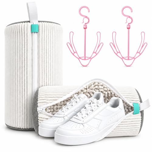 FRAYPA® 2Piezas Bolsa para Lavar Zapatillas En Lavadora + 2 Ganchos para Colgar Zapatos | Bolsa Lavadora Zapatillas Resistente para Proteger Calzado | Ideal para Lavado Seguro. (Blancas)