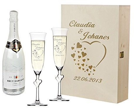 polar-effekt 2 weiße Sektgläser mit Sekt-Flasche in Geschenkbox - Personalisiert mit Gravur - Hochzeit Geschenkidee Sektglas-Set - Motiv Herzen
