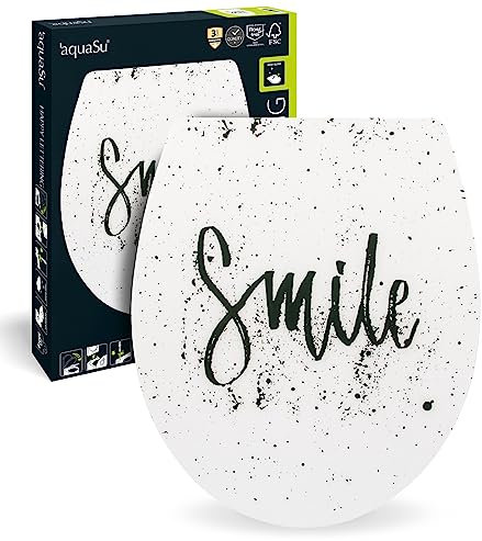 aquaSu® WC-Sitz mit Absenkautomatik, Dekor Happy Lettering, High-Gloss Toilettensitz, antibakterieller Duroplast, Top-Fix Befestigung von oben, abnehmbar, Metallscharnier, 40346 7