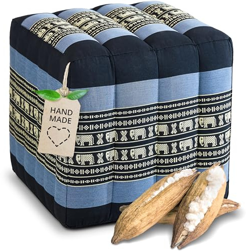 livasia Würfelkissen quadratisch - 40x40x40cm - Sitzhocker mit organischem Kapok, Sitzpouf, Lagerungswürfel viereckig, Bodenkissen Hocker Fußbank Fußhocker handgefertigt (Blau/Elefanten)