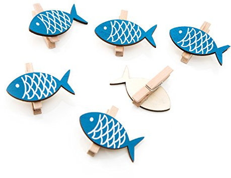 Logbuch-Verlag set 6 molletta decorativa forma di pesce ancora azzurro blu bianco legno decorazione marittima bagno festa tavolo