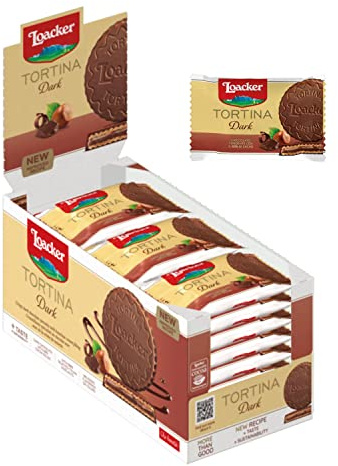 Loacker Tortina Dark - 24 Waffeltörtchen á 21g - Einzeln verpackt | Edler Zartbitter-Schokolade Überzug - Edelkakao aus Ecuador - Feine Haselnuss-Creme Füllung - 100% italienische Haselnüsse