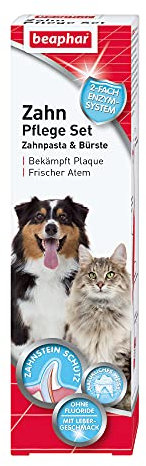 BEAPHAR - Zahnpflege Set Für Hunde Und Katzen - Doppelkopfzahnbürste Und Zahnpasta - Bekämpft Plaque Und Zahnstein - Mit Leber-Geschmack - Ohne Fluoride - Set mit 1 Zahnbürste + 100 g Zahnpasta