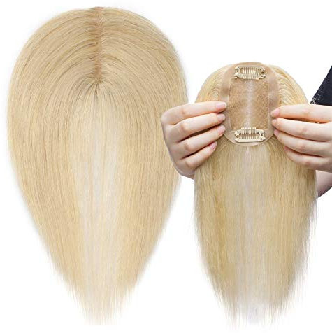 Mono-Echthaar-Kronen-Perücken-Topper, 7 x 10 cm, Clip-in-Haarteile für Frauen mit dünner werdendem Haar, 25 cm Platinblond